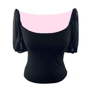 NWT INTIMATELY FREE PEOPLE Black Mesh Puff Sleeve Rounded Square Neck Top Size L